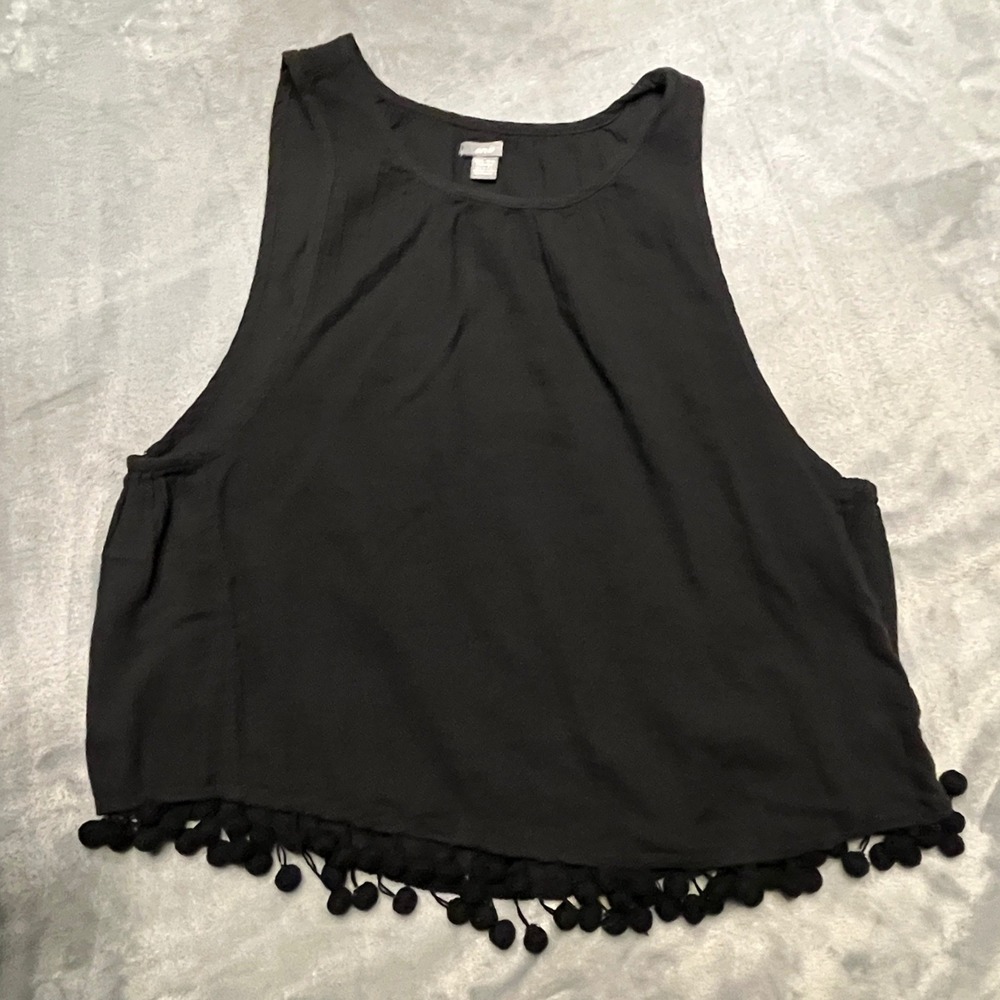 Aerie Black Pom Pom‎ Trim Cropped Tank Top XS S Sheer Boho Cute Goth French Girl